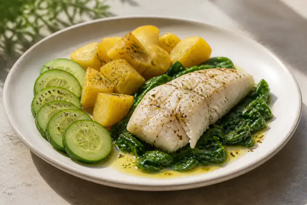 Pakistani Heart-Healthy White Fish Potato Spinach Plate