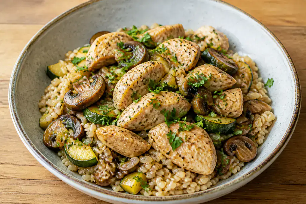 Palestinian-Inspired Fatty-Liver-Caution Chicken Brown Rice Mushroom Bowl