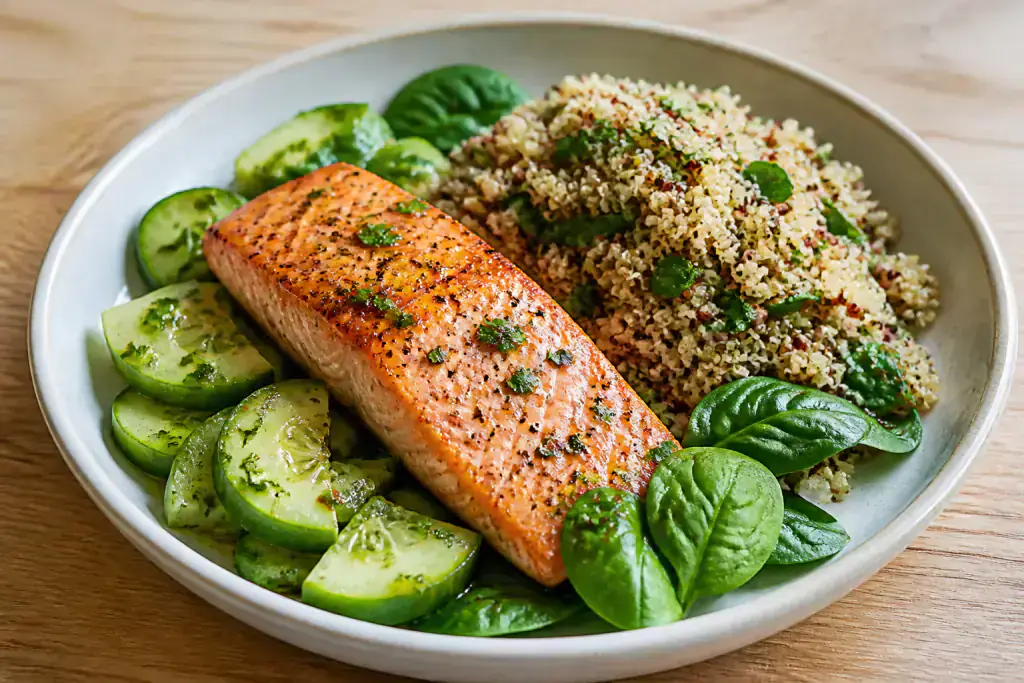 Peruvian Heart-Healthy Salmon Quinoa Cucumber Plate