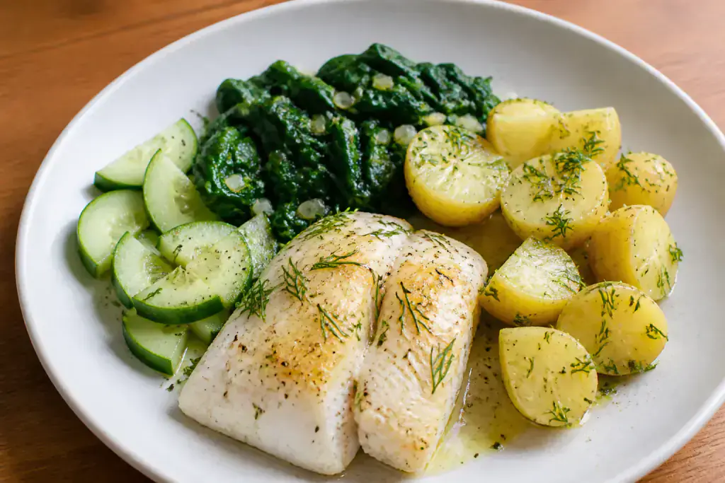 Polish-Inspired Heart-Healthy White Fish Potato Spinach Plate