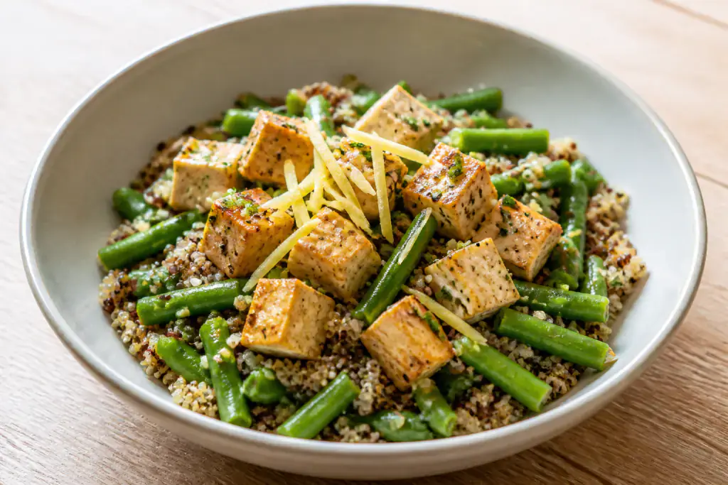 Romanian-Inspired Diabetes-Friendly Tofu Quinoa Green Bean Bowl