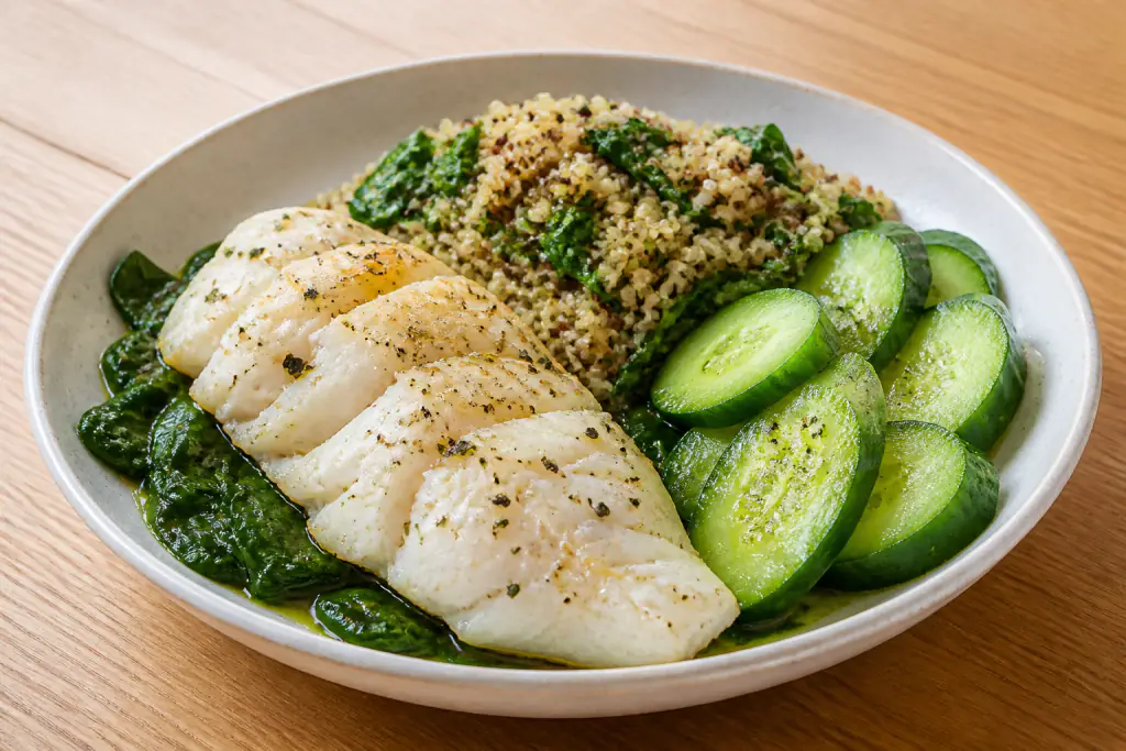 Samoan-Inspired Heart-Healthy White Fish Quinoa Cucumber Plate