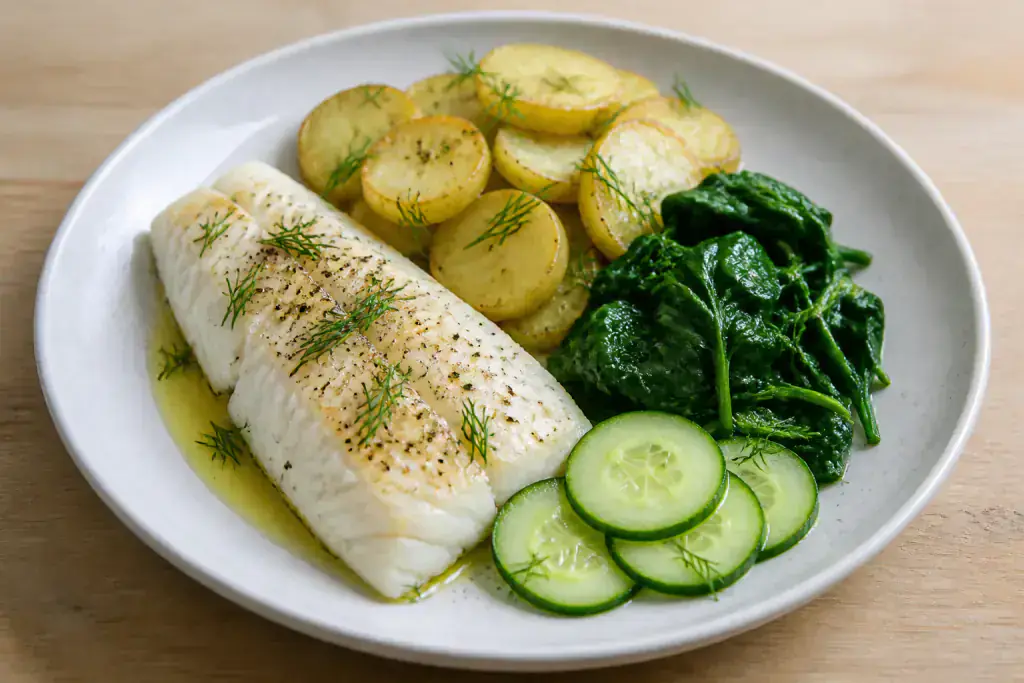 Scandinavian-Inspired Heart-Healthy White Fish Potato Spinach Plate