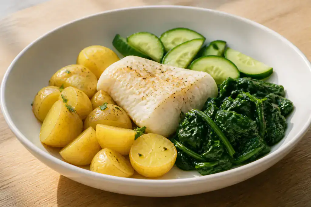 Singaporean-Inspired Heart-Healthy White Fish Potato Spinach Plate