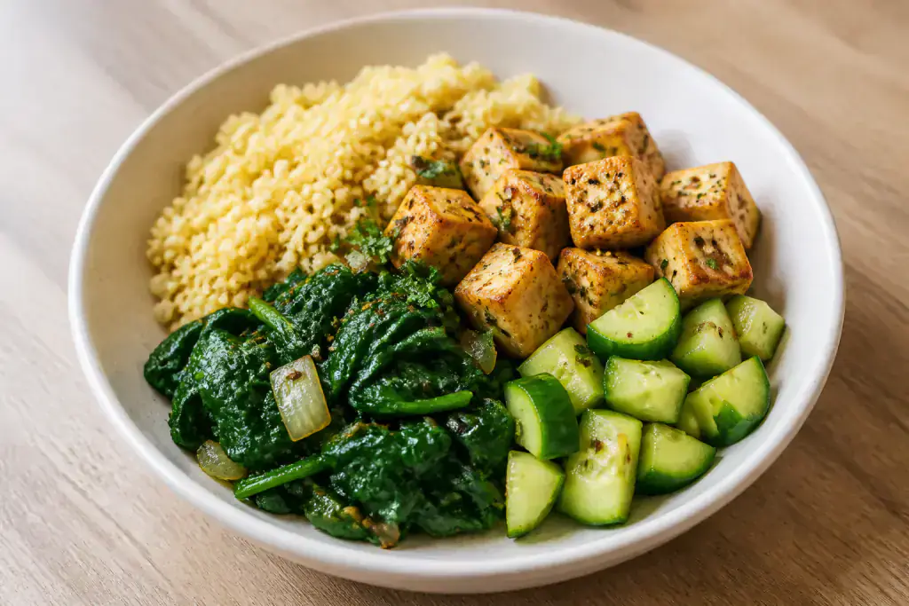 Singaporean-Inspired PCOS-Friendly Tofu Millet Greens Bowl