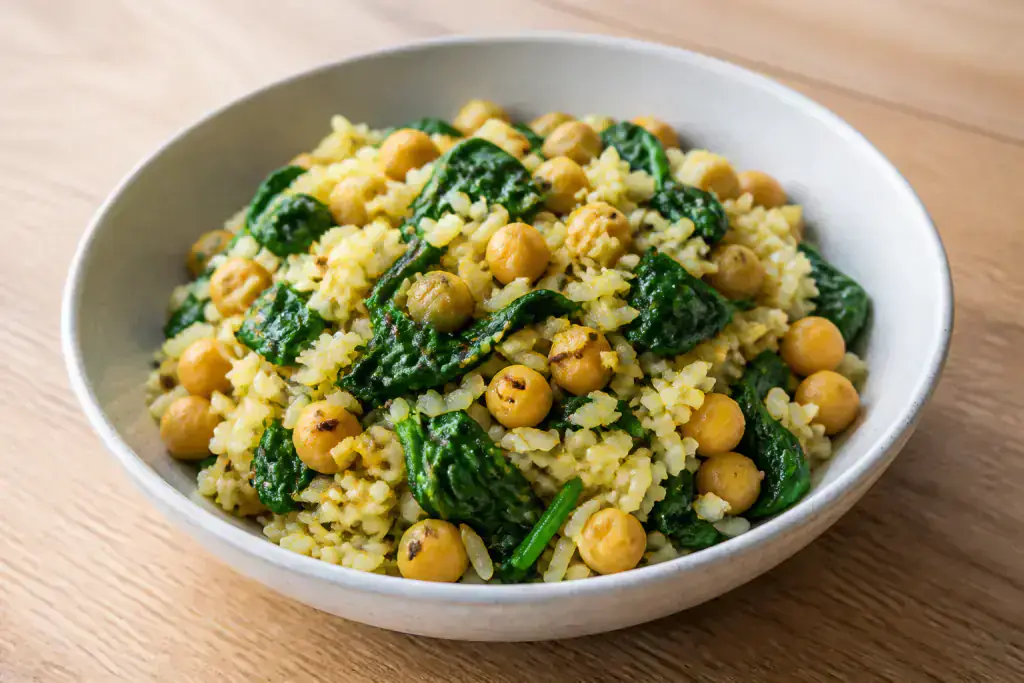 Singaporean-Inspired Vegan Chickpea Spinach Rice Bowl