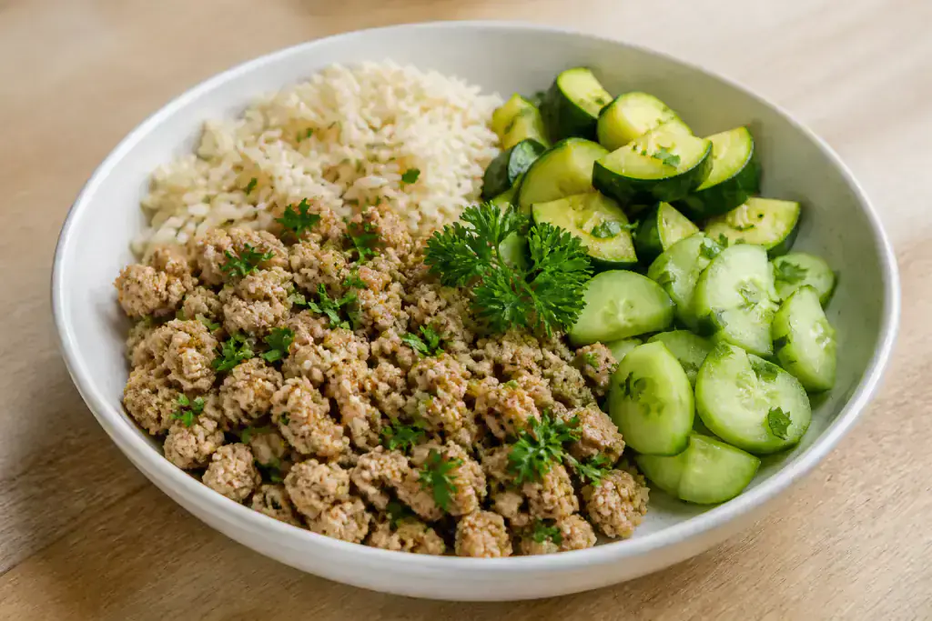 Sri Lankan-Inspired GERD-Aware Turkey Rice Cucumber Bowl