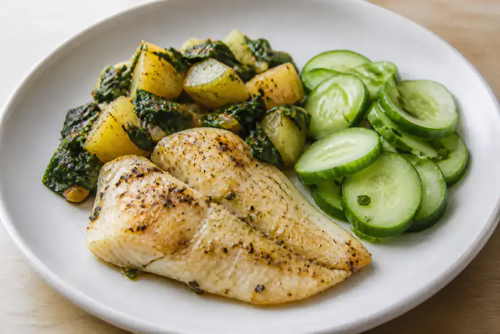 Sri Lankan-Inspired Heart-Healthy White Fish Potato Spinach Plate