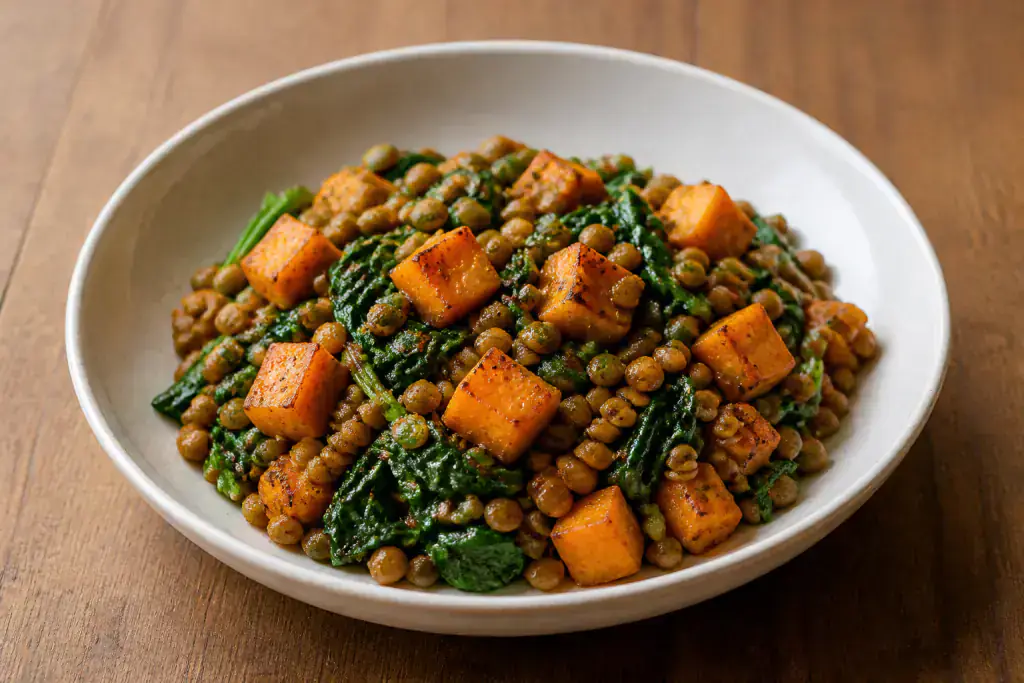 Sudanese-Inspired Vegan Lentil Sweet Potato Spinach Bowl