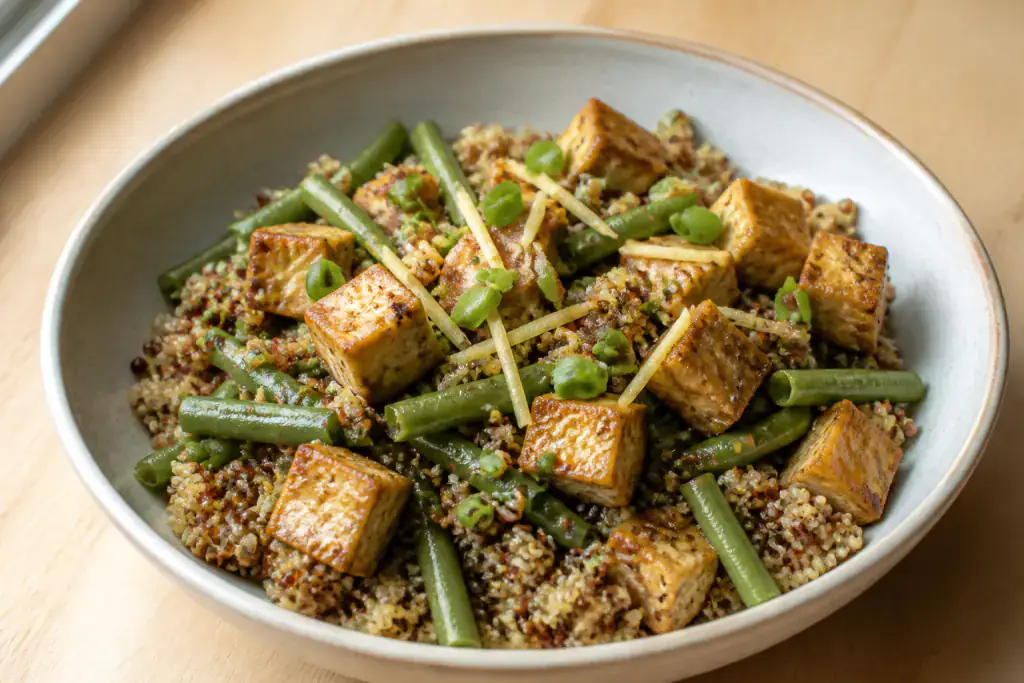 Syrian-Inspired Diabetes-Friendly Tofu Quinoa Green Bean Bowl