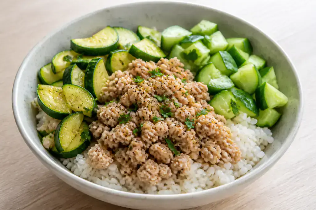 Taiwanese-Inspired GERD-Aware Turkey Rice Cucumber Bowl