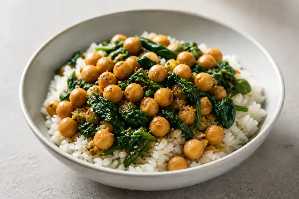 Taiwanese-Inspired Vegan Chickpea Spinach Rice Bowl