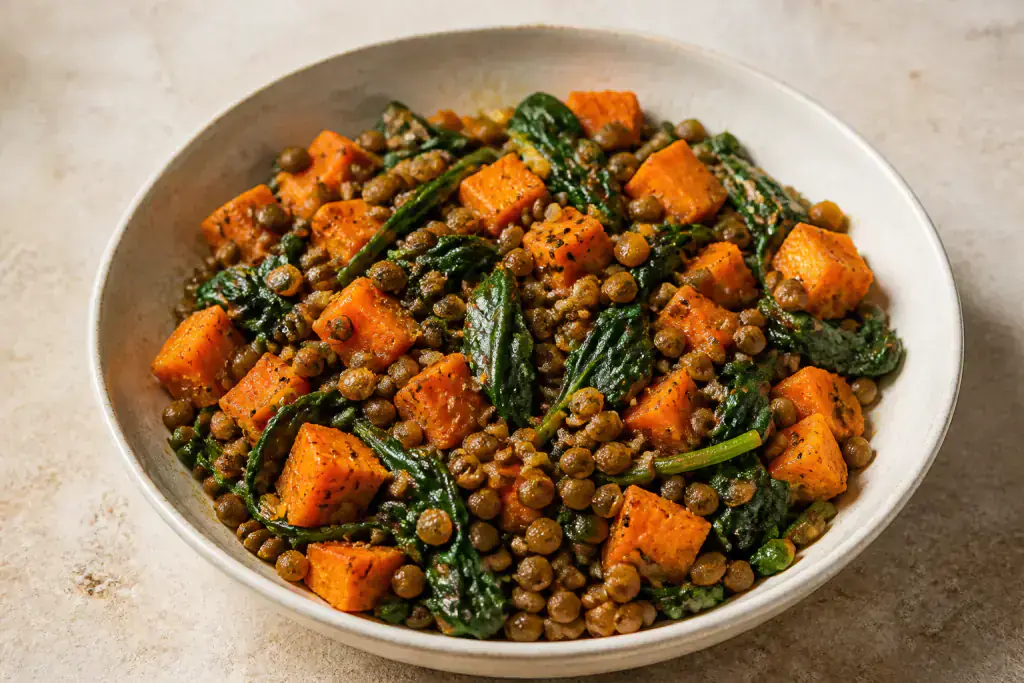 Tunisian-Inspired Vegan Lentil Sweet Potato Spinach Bowl