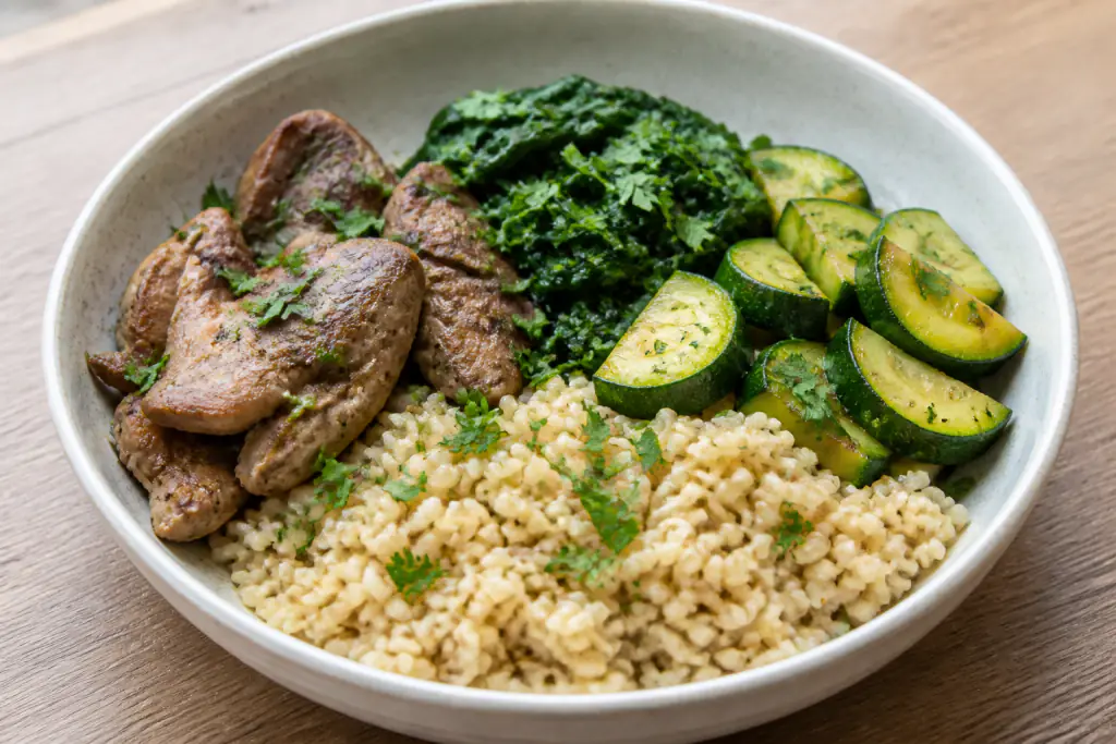 Venezuelan-Inspired Fatty-Liver-Caution Turkey Brown Rice Greens Bowl